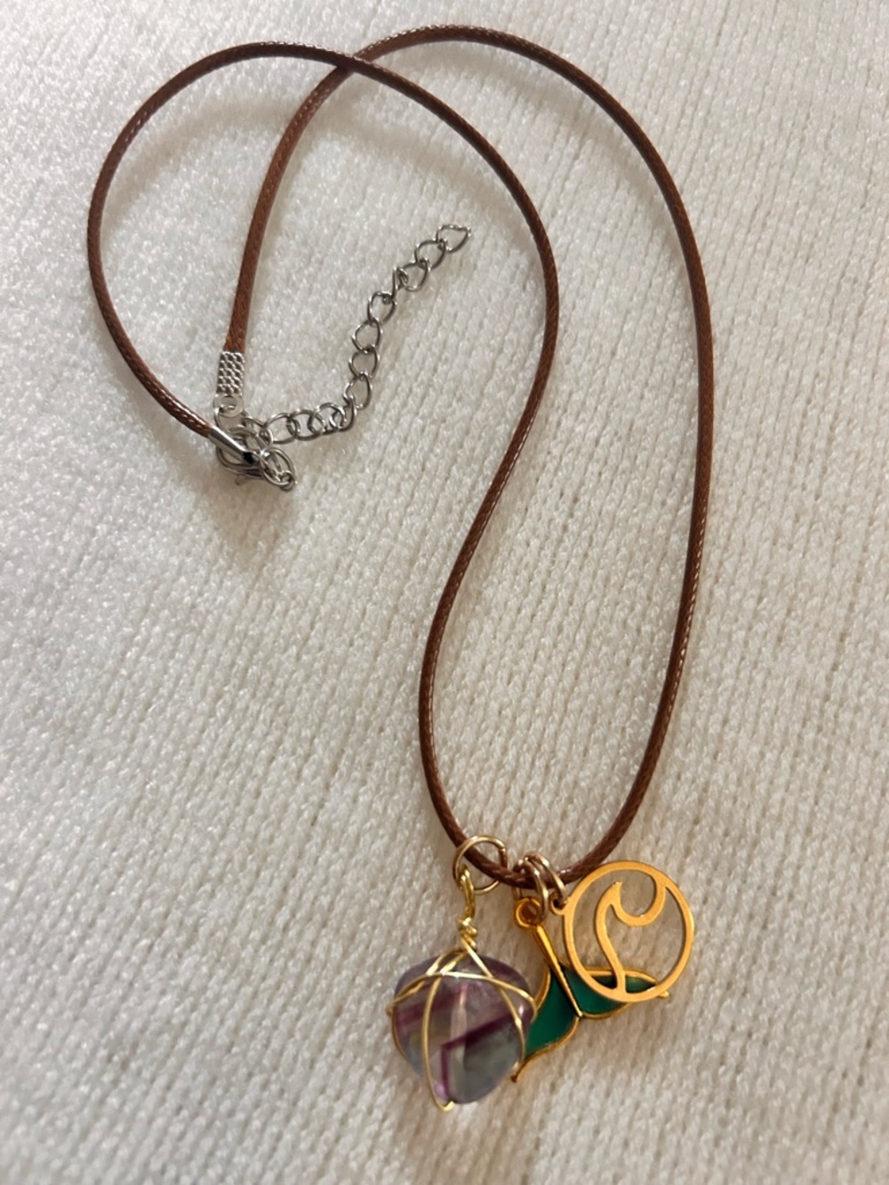 Handcrafted Brown Cord Necklace with Multicolor Gold Wrapped Fluorite